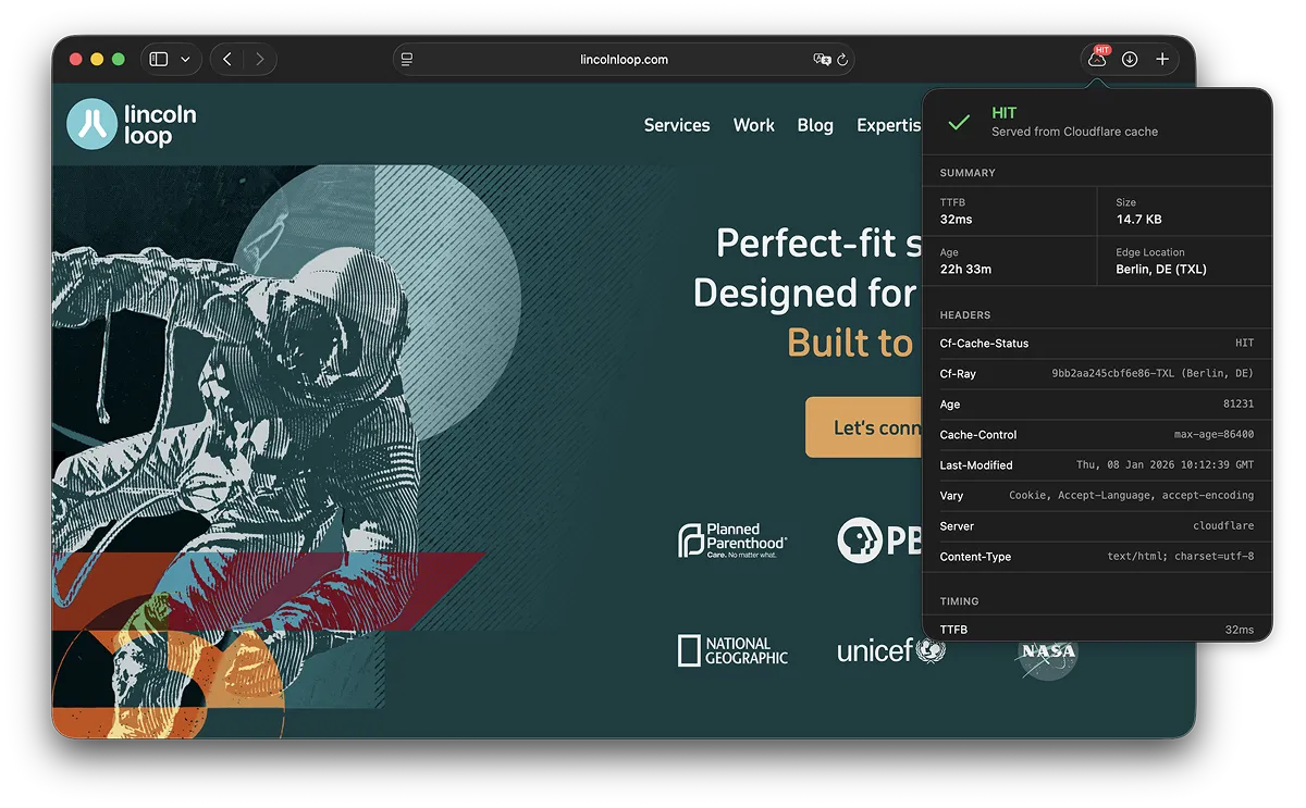 Safari Cache Status extension showing a HIT status from Cloudflare (Dark Mode)